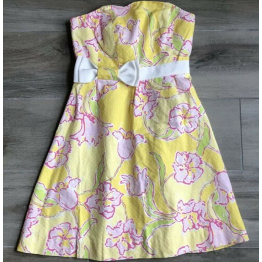 Lilly Pulitzer Yellow Starfruit Bow Dress Amberly Pink Strapless - Picture 2 of 5